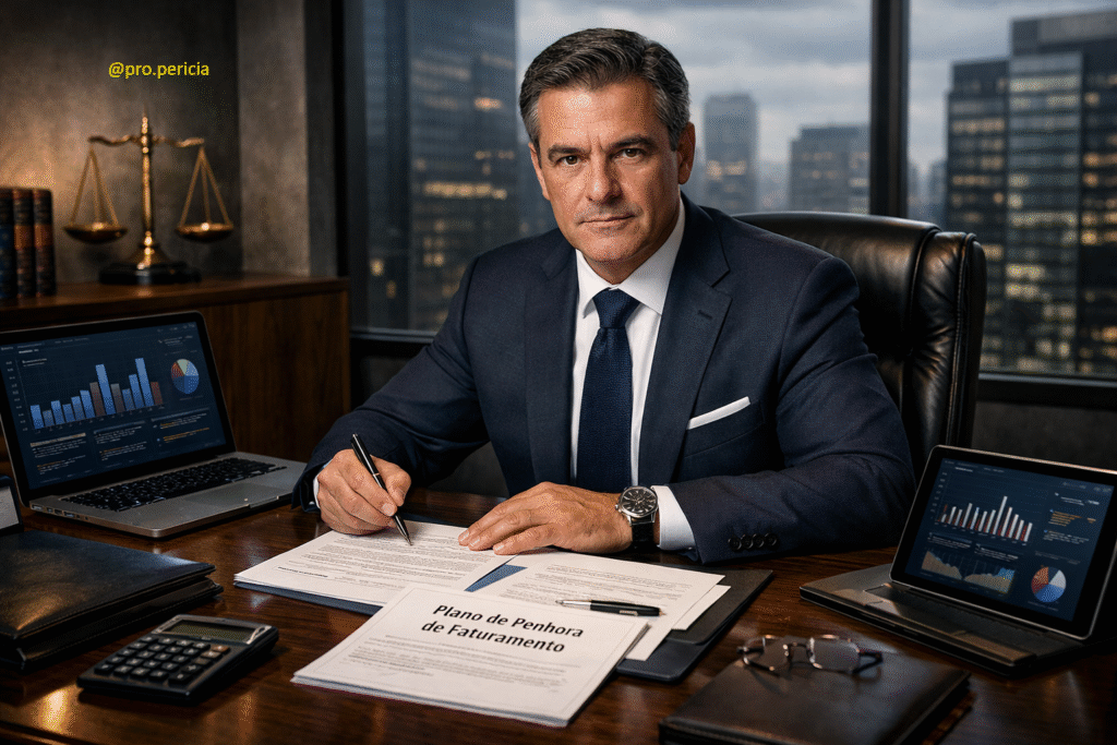 Administrador Depositário Judicial analisando plano de penhora de faturamento com gráficos financeiros e relatórios técnicos em ambiente corporativo de alto nível