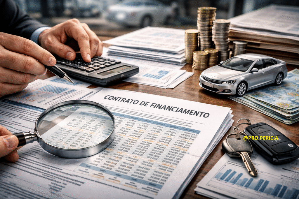 Perícia financeira em contrato de financiamento de veículo com análise técnica de juros, parcelas, capitalização e cálculo do saldo real, realizada por perito judicial habilitado.