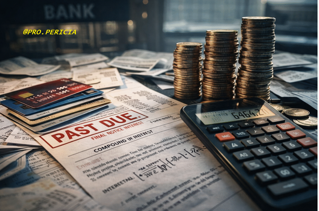 Imagem representando anatocismo e juros sobre juros em contratos bancários, com cartões de crédito, cálculo financeiro e perícia técnica para revisão de dívidas abusivas