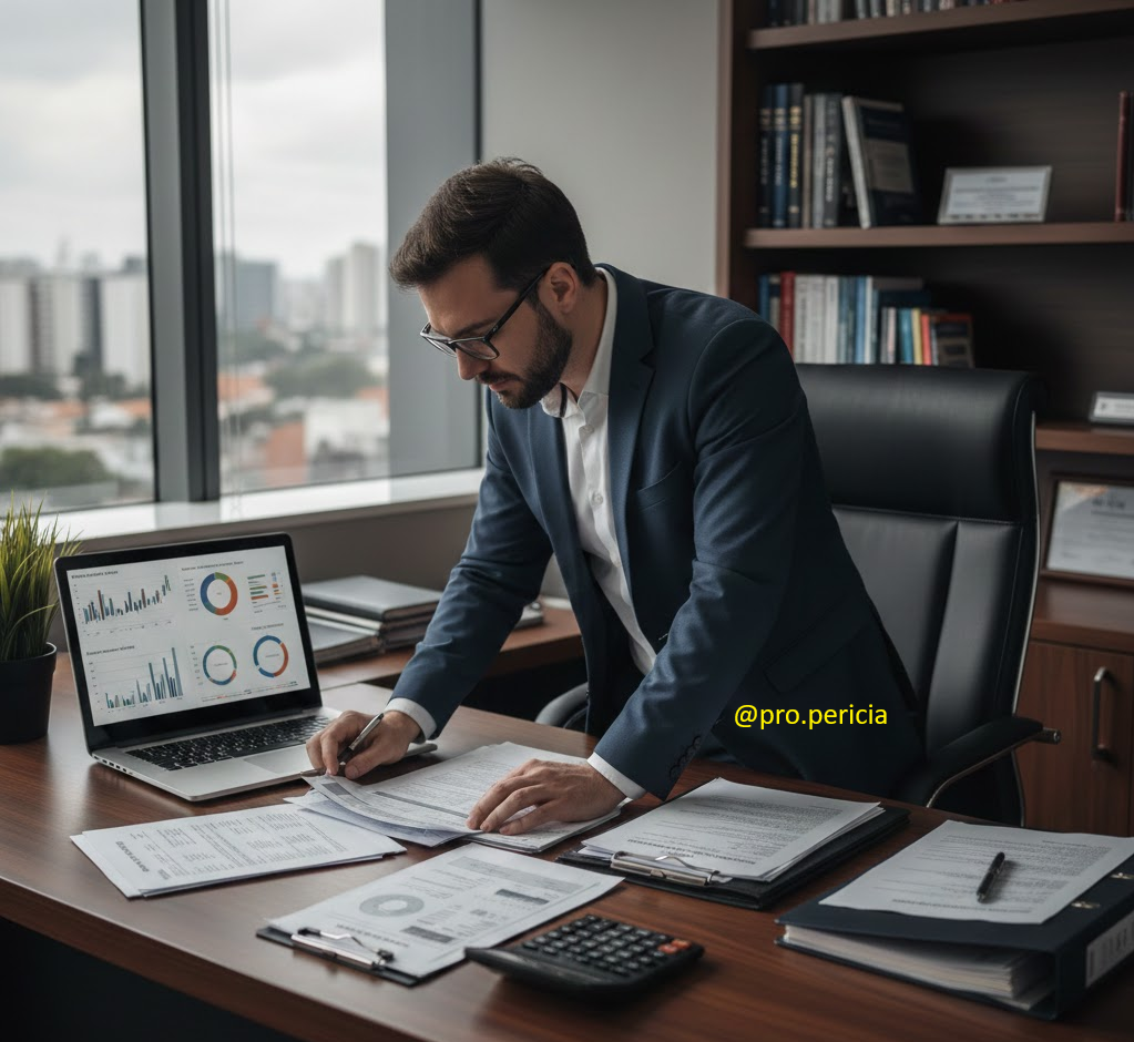 Perito judicial especializado em cálculos judiciais analisando contratos bancários e planilhas financeiras em escritório moderno. Ambiente técnico com notebook, calculadora financeira e pastas processuais.