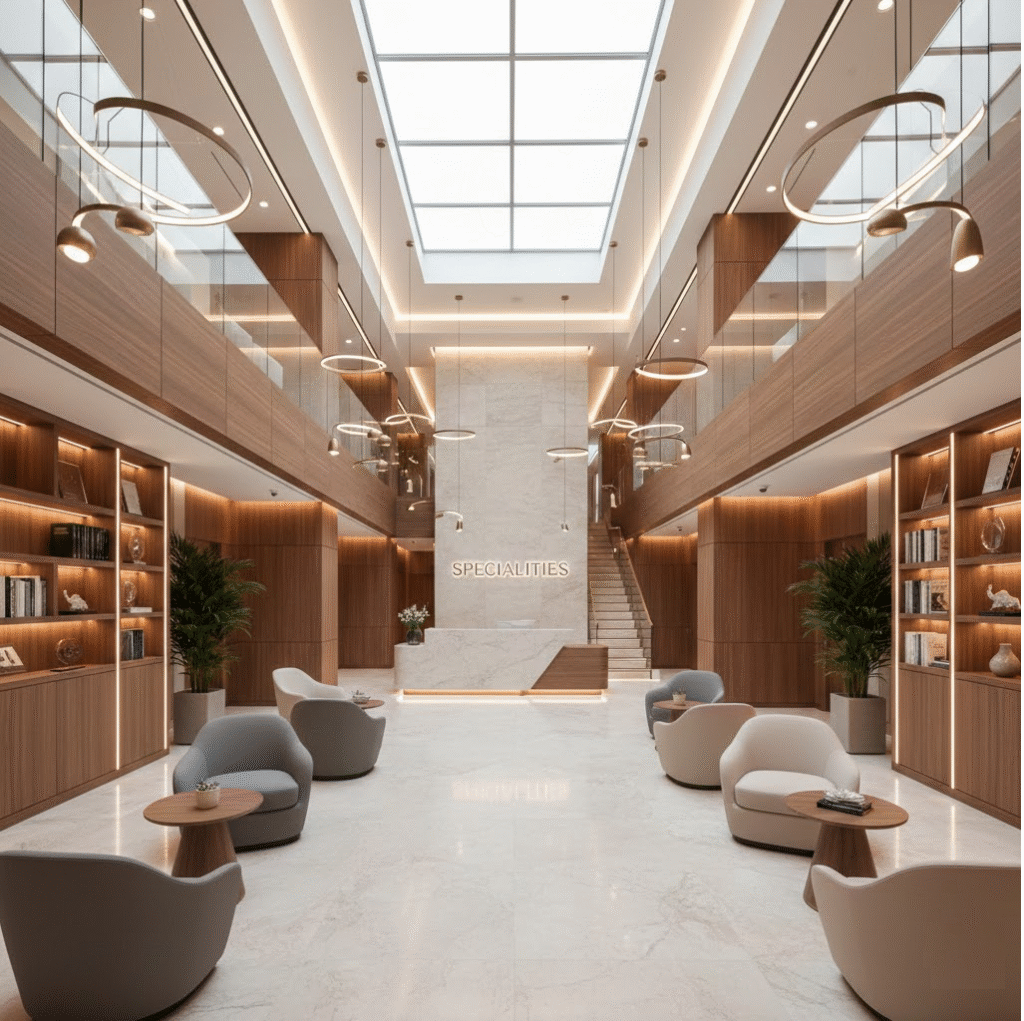 Arquitetura de clínica médica de alto padrão com pé-direito duplo, recepção em mármore e design biofílico, representando a excelência em gestão e compliance da Pró-Perícia.