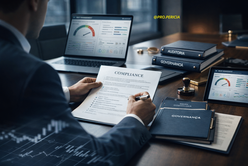 Perito judicial especializado em compliance, auditoria e governança corporativa analisando riscos e políticas internas para prevenção de infrações legais