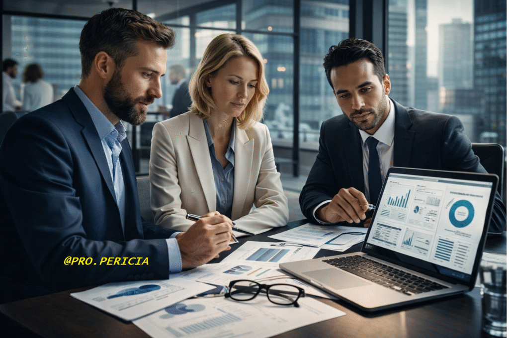 Consultoria empresarial estratégica com equipe analisando dados financeiros, indicadores de desempenho e planejamento de gestão em ambiente corporativo moderno