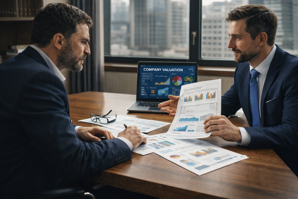 Consultoria em avaliação de empresas com perito judicial analisando valuation, dados financeiros e estratégias para negociação segura.