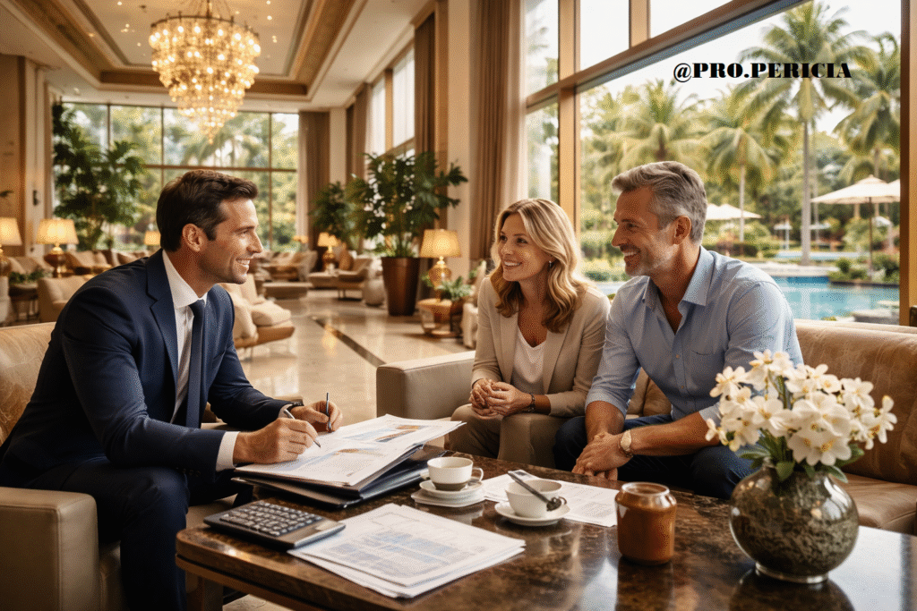 Recepção de hotel de luxo com pé-direito alto, iluminação natural, vista para piscina e área arborizada, representando consultoria premium em gestão hoteleira.