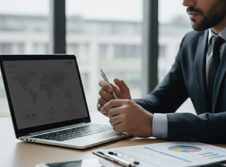 Consultor comercial sênior em reunião estratégica apresentando gráficos de crescimento e KPIs em um tablet, focando em método, previsibilidade e gestão de vendas profissional.