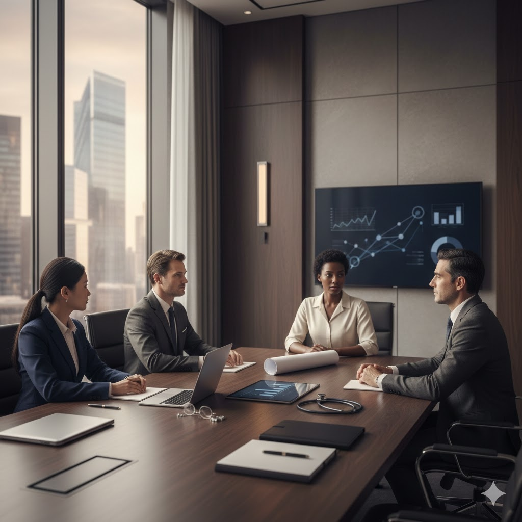 Reunião estratégica de consultoria empresarial premium da Pró-Perícia em sala executiva moderna com vista urbana, mostrando profissionais analisando dados de gestão e governança.