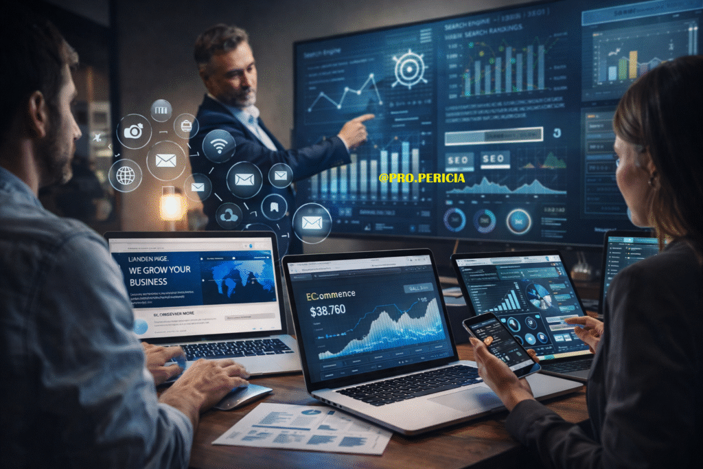 Digitalização de negócios com estratégia digital, dados, tecnologia e foco em performance e escalabilidade empresarial