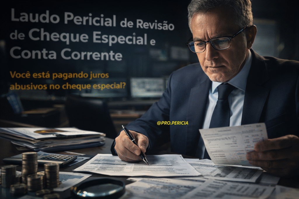 Perito judicial analisando extratos bancários para identificar juros abusivos em cheque especial e conta corrente, com revisão financeira pericial.