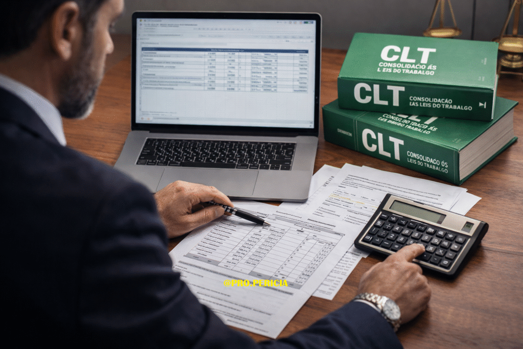 Perito judicial realizando perícia em cálculos trabalhistas com notebook, calculadora HP e livros da CLT sobre a mesa