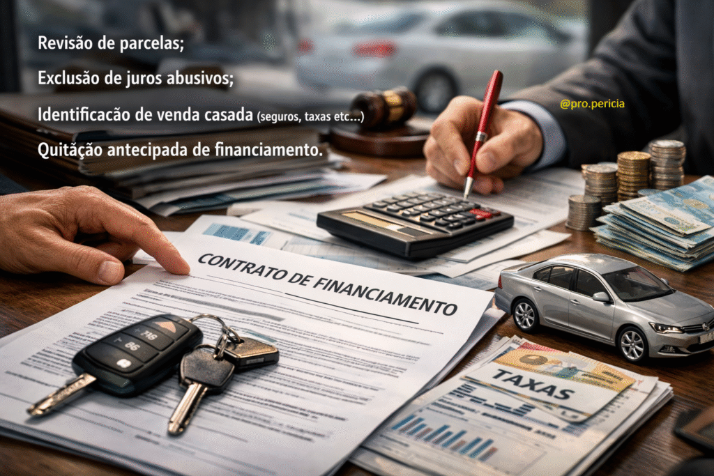 Análise técnica de contrato de financiamento de veículo com revisão de parcelas, identificação de juros abusivos, venda casada e cálculo para quitação antecipada.