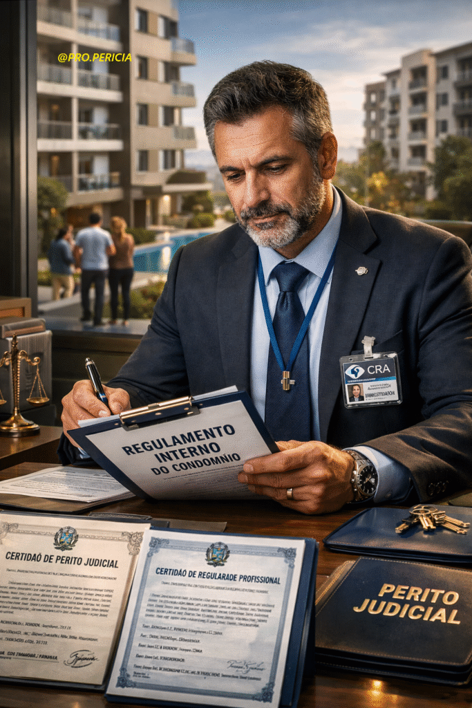Perito Judicial Administrador registrado no CRA elaborando regulamento interno de condomínio para garantir segurança jurídica, proteção dos condôminos e conformidade com a RN CFA 654/2024