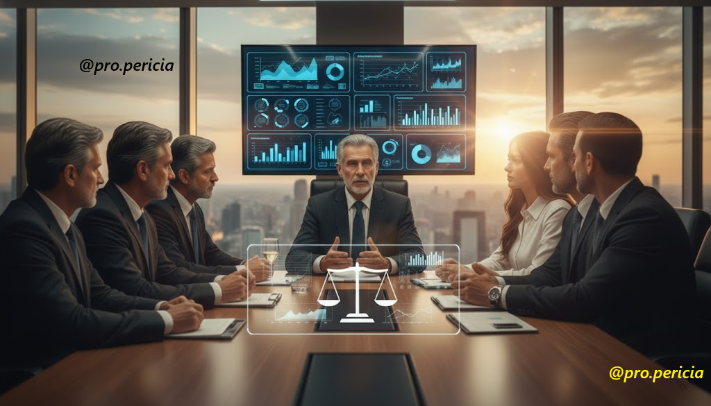 Conselheiro administrativo sênior em reunião estratégica com diretoria de empresa familiar, utilizando dashboards de alta tecnologia, simbolizando autoridade, mediação e governança profissional da Pró-Perícia.