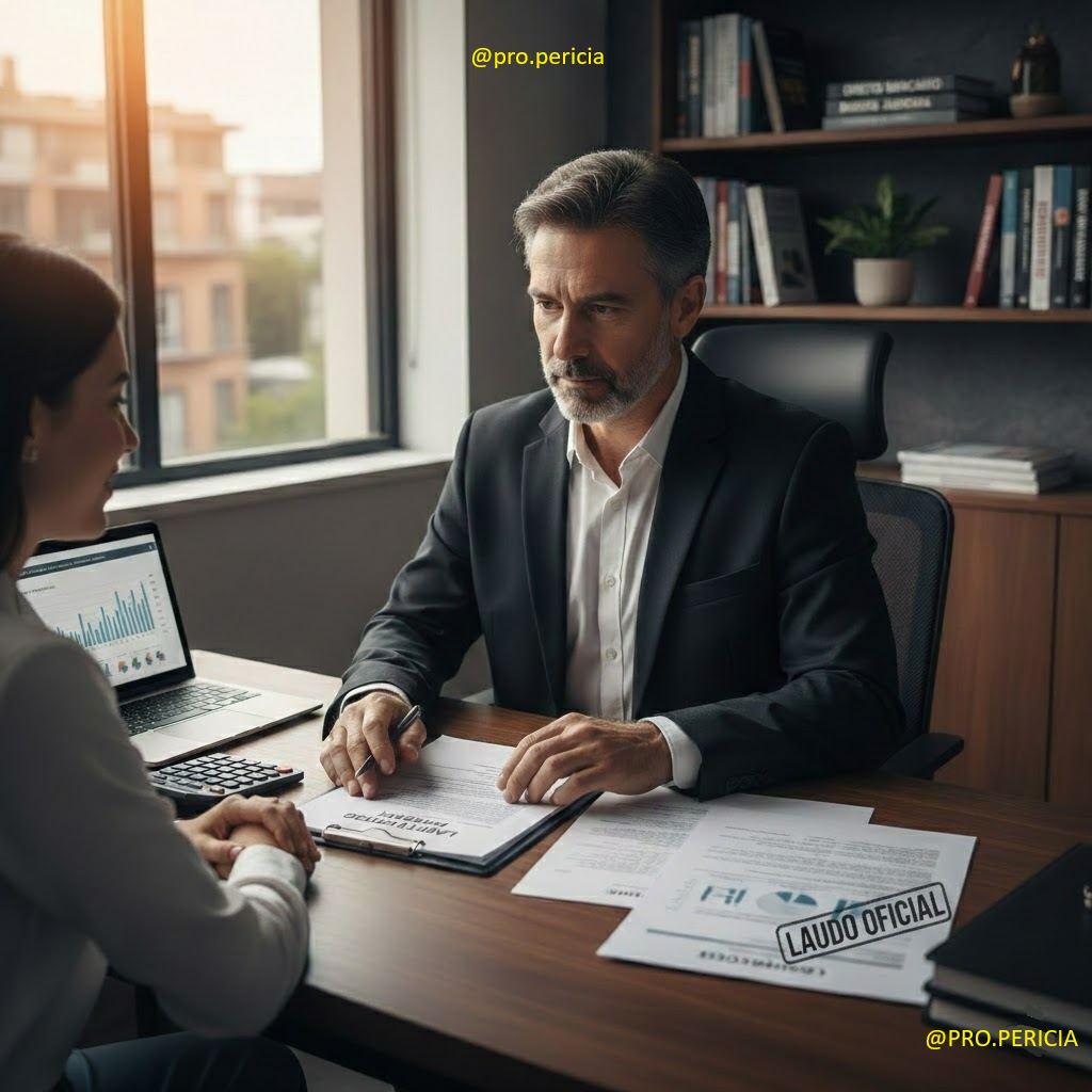 Perito judicial em escritório moderno analisando laudo oficial assinado sobre mesa com documentos financeiros e notebook. O ambiente transmite segurança e autoridade técnica na revisão de juros abusivos.
