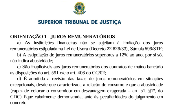 Orientação do STJ sobre Juros Remuneratórios, destacando que instituições financeiras não se limitam à Lei de Usura, mas permitem revisão em casos de abusividade demonstrada conforme o CDC.
