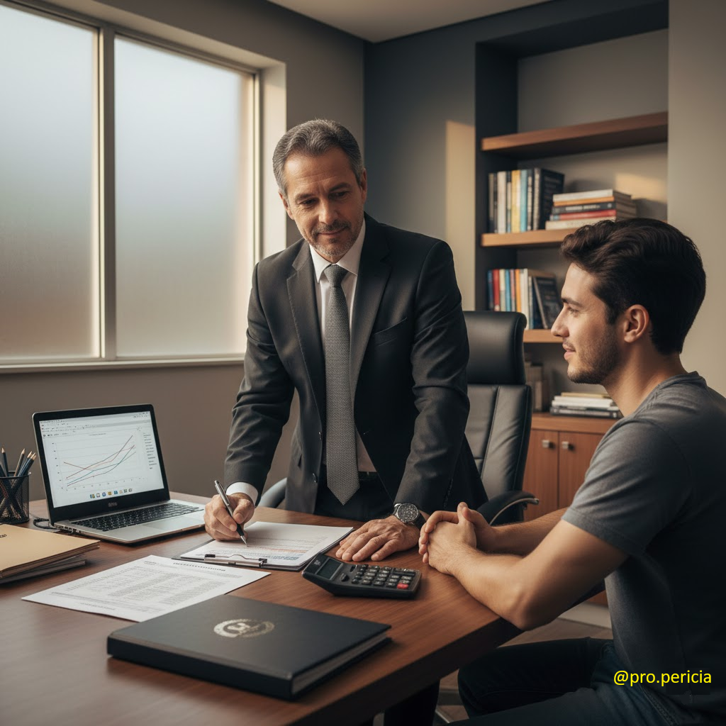 Perito judicial em escritório moderno analisando contrato do FIES e elaborando laudo técnico pericial. Ao fundo, um estudante recebe orientações sobre revisão de juros abusivos e cálculos financeiros.